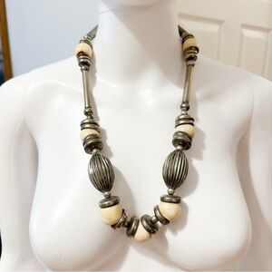 Vintage Large Metal Beaded Statement Necklace Silver Cream